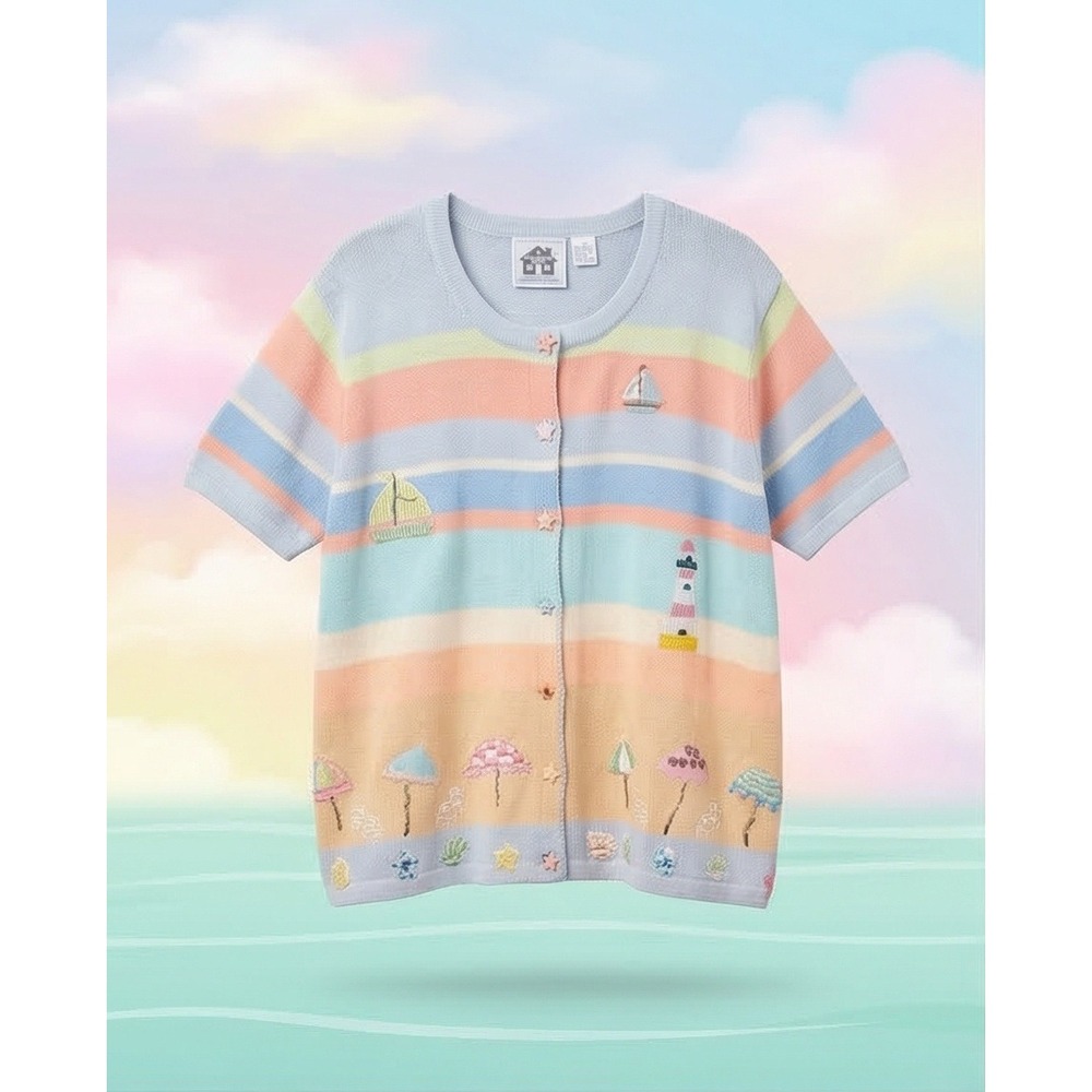 Storybook Knits Pastel Rainbow Striped Coastal Beach Embroidery Cardigan 2X‎ NWT